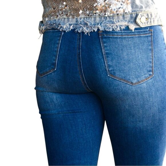 Button Fly High Rise Flare Jeans | Distressed Raw Hem | Mid Wash | NWT | L&B 16 - Picture 7 of 15